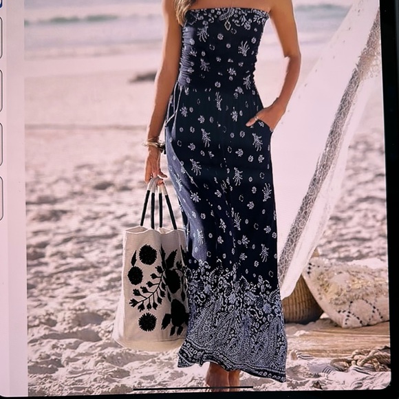 Lascana women’s bandeau Floral Strapless Maxi Dress - navy - Picture 1 of 7